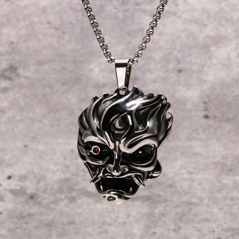Collar de Colgante de Máscara de Demonio Hannya de Acero Inoxidable Vintage para Hombre Gótico Punk Diamantes de Imitación Joyería