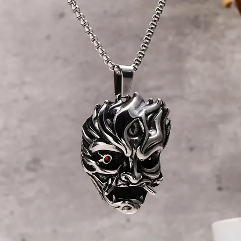 Collar de Colgante de Máscara de Demonio Hannya de Acero Inoxidable Vintage para Hombre Gótico Punk Diamantes de Imitación Joyería