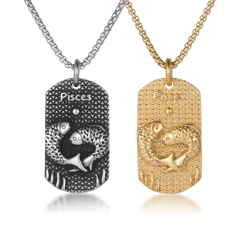 Collana Pendente Pesci Zodiaco Rétro Acciaio Inossidabile Acciaio al Titanio Targhetta Militare in Rilievo Gioielli Regalo per Uomo Donna