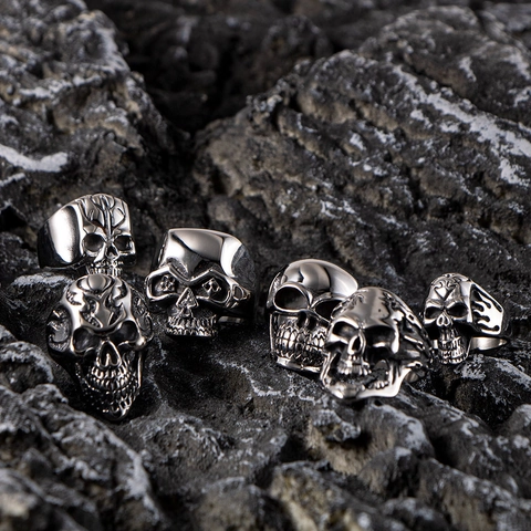 Vintage Stainless Steel Skull Ring For Men Gothic Punk Biker Jewelry Retro Polished Distressed Skeleton Finger Ring Gift