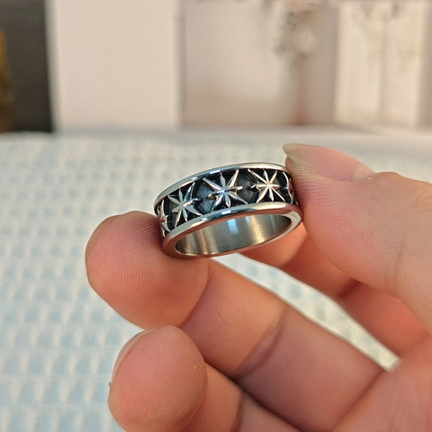 Vintage Titaniumstaal Octogram Ster Ring Voor Heren Retro Punk Stijl Verouderd Relief Band Mode Streetwear Sieraden Accessoire