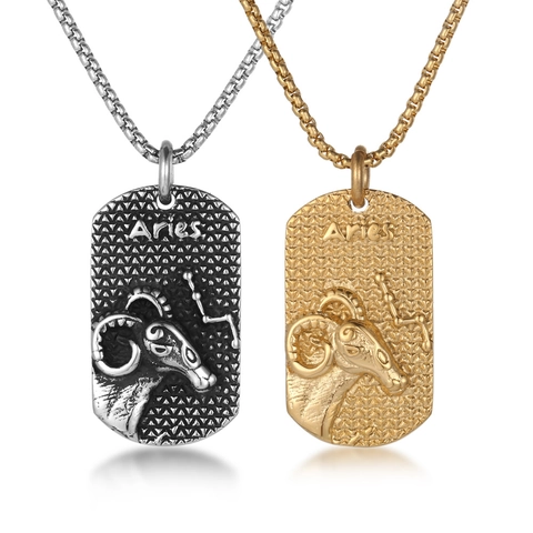 Collana con Targhetta Ariete in Acciaio al Titanio Lucidato con Pendente a Rilievo Unisex Gioielli Personalizzati Zodiaco