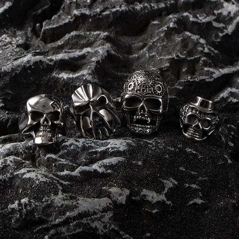 Vintage Stainless Steel Skull Ring For Men Gothic Punk Biker Jewelry Retro Polished Distressed Skeleton Finger Ring Gift