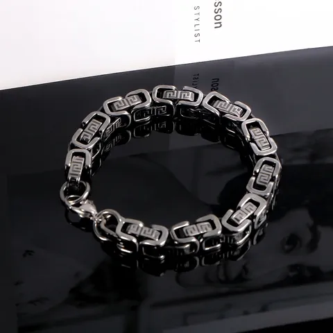 Bracciale da Uomo in Acciaio Inossidabile Nero Retrò Motivo a Greca Punk Hip Hop Catena Spessa Gioielli di Moda