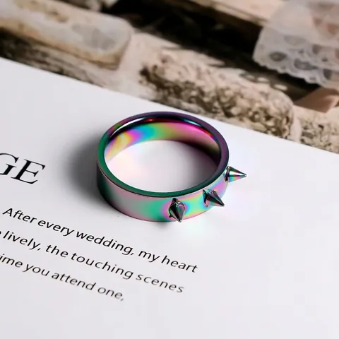Iridescent Rainbow Stainless Steel Spike Ring For Men Punk Streetwear Three Sharp Spikes Geometric Band Ring Jewelry Gift