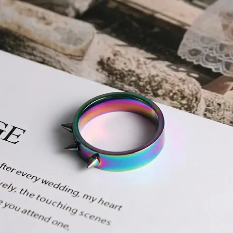 Iridescent Rainbow Stainless Steel Spike Ring For Men Punk Streetwear Three Sharp Spikes Geometric Band Ring Jewelry Gift
