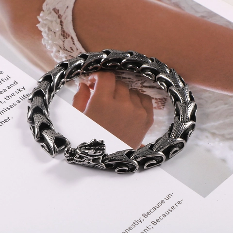 Vintage Dragon Head Bracelet Stainless Steel Dragon Scale Link Chain For Men Punk Hip Hop Retro Gothic Biker Jewelry