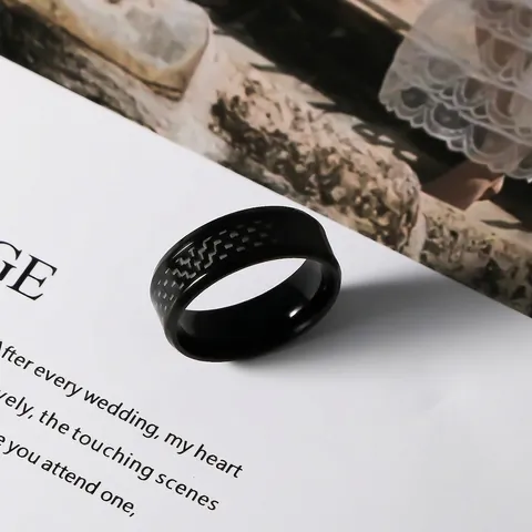 Men's Stainless Steel Ring With Carbon Fiber Inlay Black Electroplated Woven Texture Band Industrial Style Fashion Jewelry