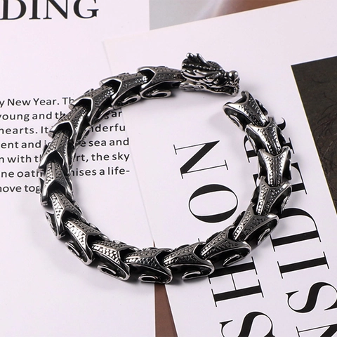 Vintage Dragon Head Bracelet Stainless Steel Dragon Scale Link Chain For Men Punk Hip Hop Retro Gothic Biker Jewelry