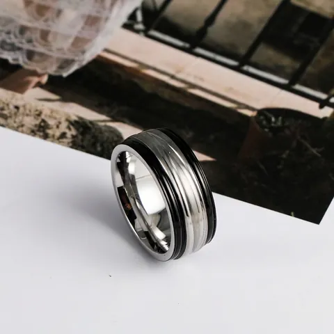 Minimalist Men Stainless Steel Band Ring Black Enamel Geometric Line Brushed Polish Ring Fashion Jewelry For Men Daily Accessories