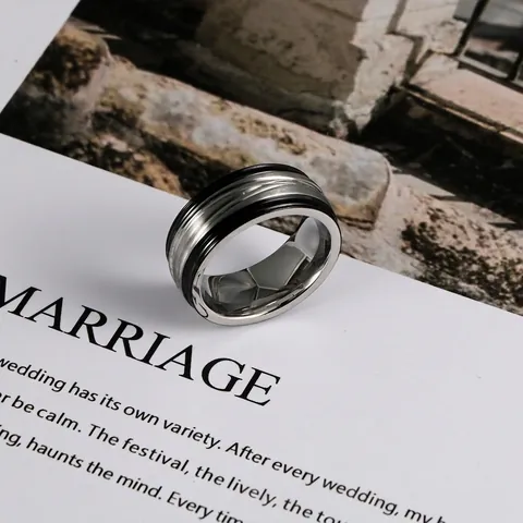 Minimalist Men Stainless Steel Band Ring Black Enamel Geometric Line Brushed Polish Ring Fashion Jewelry For Men Daily Accessories