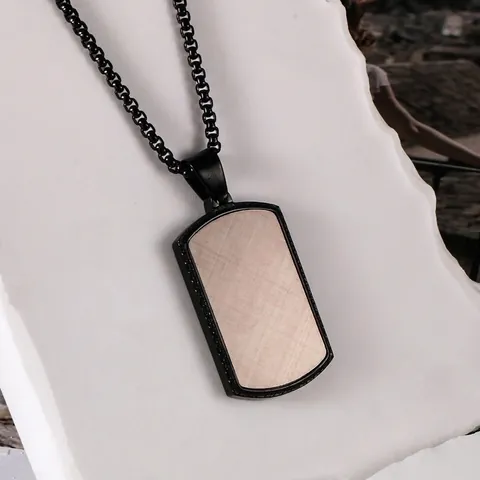 Industrial Men Stainless Steel Rectangle Pendant Necklace Brushed Metal Wood Inlay Dog Tag Necklace For Daily Streetwear