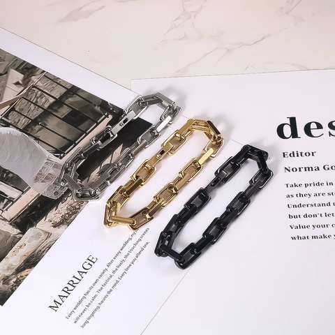 Bracciale in Acciaio Inossidabile a Maglie Spesse Lucidato Geometrico Quadrato Catena Hip Hop Stile Industriale Unisex Gioielli