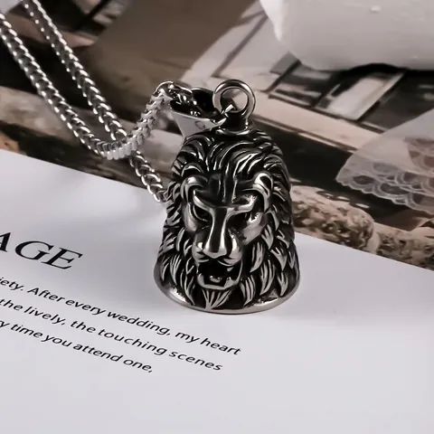 Collana con Pendente a Campanello Testa di Leone in Acciaio Inossidabile Vintage per Uomo Gioielli Punk Streetwear Animal Charm Argento Antico