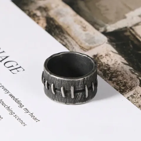 Anello da Uomo in Acciaio Inossidabile Vintage Trama a Cucitura Industriale Fascia Larga Punk Gioielli Biker Distressed