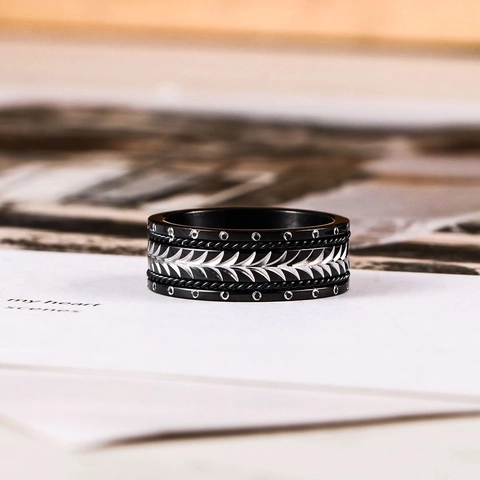 Stainless Steel Wheat Ear Leaf Pattern Ring For Men Vintage Punk Style Black Silver Electroplated Band Ring Fashion Jewelry