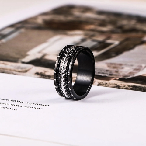 Stainless Steel Wheat Ear Leaf Pattern Ring For Men Vintage Punk Style Black Silver Electroplated Band Ring Fashion Jewelry