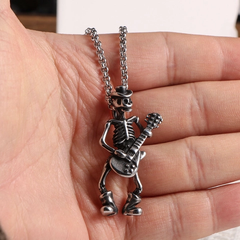Collana Con Ciondolo Chitarrista Scheletro in Acciaio Inossidabile Retrò Punk Rock Gotico Hip Hop Gioielli Per Uomo Donna