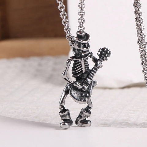 Collana Con Ciondolo Chitarrista Scheletro in Acciaio Inossidabile Retrò Punk Rock Gotico Hip Hop Gioielli Per Uomo Donna