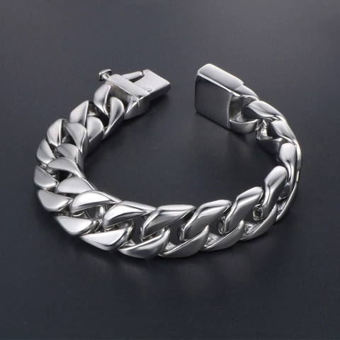 Men's Titanium Steel Cuban Link Bracelet Polished Square Box Clasp Heavy Metal Chain Hand Jewelry Trendy Streetwear Bangle For Men