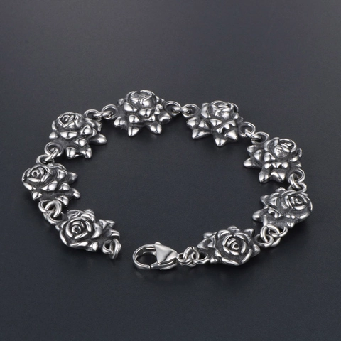 Vintage Antiek Zilver Titanium Staal Roos Bloem Schakelarmband Voor Heren Dames Gothische Punk Bloem Ketting Sieraden