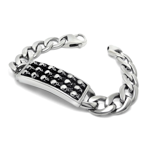 Bracciale da Uomo in Acciaio Inossidabile con Teschio Punk Gotico Retro Catena Curb Argento Hip Hop Rock Gioielli