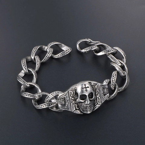 Bracciale da Uomo in Acciaio Inossidabile Punk Vintage con Teschio e Croce Gotica Catena Curb Rock Hip Hop Gioielli Biker