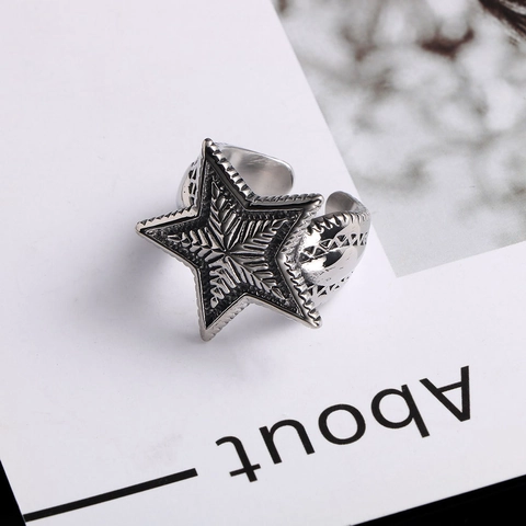 Vintage Titanium Staal Pentagram Ster Open Ring Voor Mannen Vrouwen Verstelbare Industriële Stijl Retro Zilveren Sieraden Ring