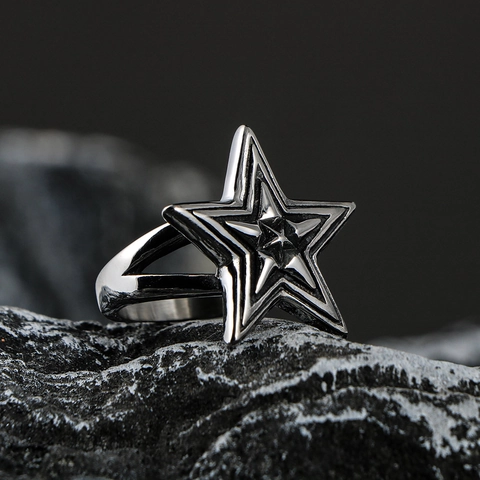 Vintage Stainless Steel Pentagram Ring For Men Punk Industrial Polished Star Biker Ring Silver Tone Statement Jewelry Gift