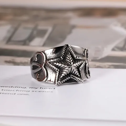 Vintage Stainless Steel Pentagram Star Ring For Men Women Punk Hip Hop Rock Scroll Infinity Embossed Band Ring Jewelry