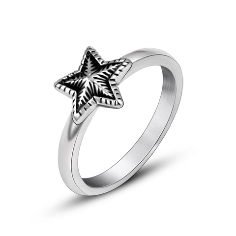 Vintage Star Titanium Steel Ring For Men Women Relief Texture Polished Stainless Steel Band Couple Jewelry Ring