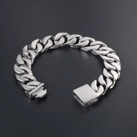 Men Titanium Steel Polished Cuban Link Bracelet Rock Vintage Style Silver Color Heavy Metal Chain Hand Jewelry Accessory