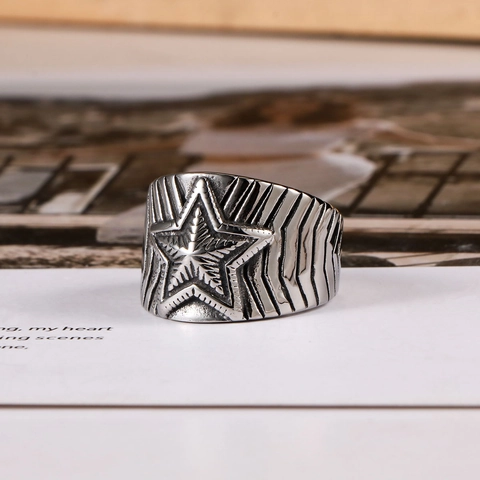 Men's Vintage Stainless Steel Star Ring Punk Industrial Style Silver Pentagram Embossed Wide Band Finger Ring Fashion Jewelry