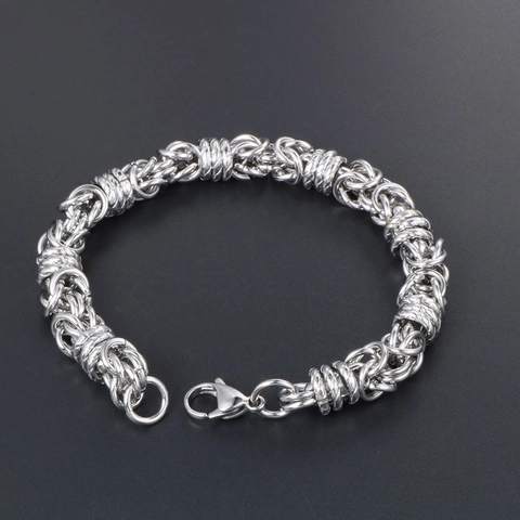 Bracciale a Catena Intrecciata Bizantina in Acciaio Inossidabile Vintage per Uomo Gioielli Punk Stile Industriale Con Chiusura a Moschettone