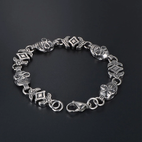 Men Gothic Punk Skull Titanium Steel Bracelet Vintage Polished Skeleton Link Chain Hip Hop Streetwear Biker Jewelry Gifts