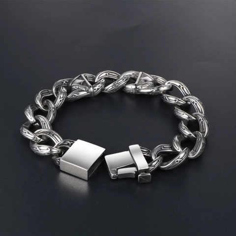 Vintage Men Stainless Steel Totem Engraved Chain Bracelet Rock Hip Hop Punk Heavy Metal Link Bracelet Hand Jewelry