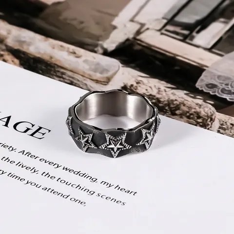 Vintage Punk Titanstahl Stern Ring Für Herren Damen Wellenkante Distressed Pentagramm Ring Street Fashion Schmuck