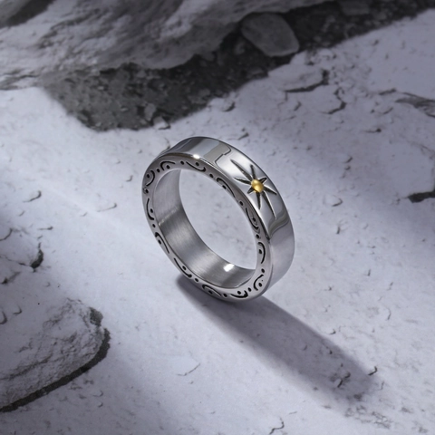 Bague Vintage en Acier au Titane Motif de Soleil pour Hommes Motif de Vagues Gravé Rétro Punk Bague Bijoux de Mode Cadeau