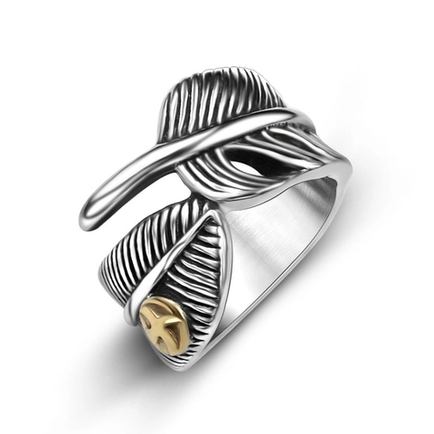 Vintage Heren Titanium Staal Veer Open Ring Gepersonaliseerde Hip Hop Rock Sieraden Gesneden Veer Wikkel Vingerring Cadeau
