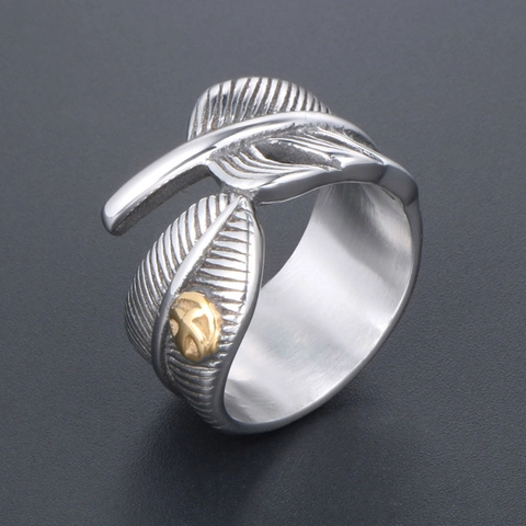 Vintage Heren Titanium Staal Veer Open Ring Gepersonaliseerde Hip Hop Rock Sieraden Gesneden Veer Wikkel Vingerring Cadeau