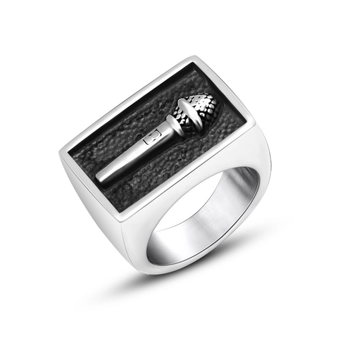 Vintage Stainless Steel Microphone Signet Ring For Men Rock Hip Hop Music Theme Wide Finger Band Jewelry Fashion Gift