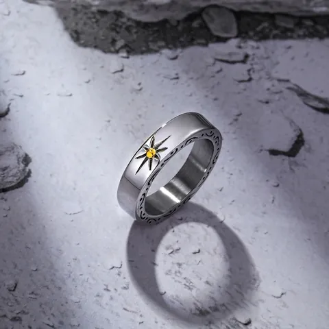 Vintage Titanium Steel Sunburst Ring For Men Retro Etched Wave Pattern Punk Band Ring Fashion Trendy Hand Jewelry Gift