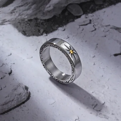 Vintage Titanium Steel Sunburst Ring For Men Retro Etched Wave Pattern Punk Band Ring Fashion Trendy Hand Jewelry Gift