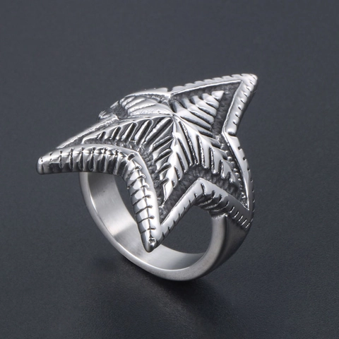 Retro Stainless Steel Star Ring For Men Women Vintage Punk Rock Radiating Texture Pentagram Polished Finger Ring Jewelry