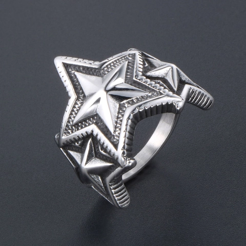Vintage Titanium Steel Triple Five-Point Star Ring For Men Punk Gothic Index Finger Band Heavy Metal Hip Hop Jewelry