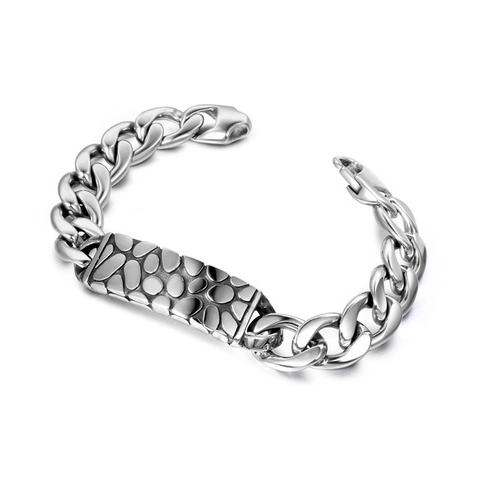 Polished Stainless Steel Pebble Texture Cuban Link Bracelet Unisex Industrial Embossed Metal Plate Chain Wristband Jewelry Gift