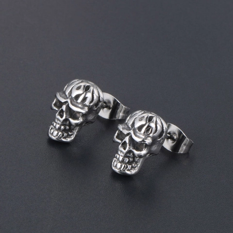 Retro Stainless Steel Skull Head Stud Earrings Punk Gothic Biker Flame Pattern Men Stud Earrings Antique Silver Finish Jewelry