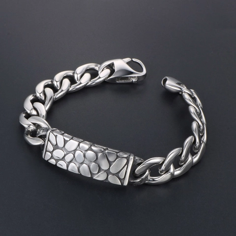 Polished Stainless Steel Pebble Texture Cuban Link Bracelet Unisex Industrial Embossed Metal Plate Chain Wristband Jewelry Gift