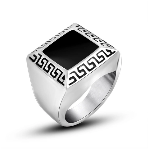 Vintage Men Stainless Steel Signet Ring Square Black Enamel Greek Key Meander Pattern Band Ring Industrial Retro Jewelry Gift