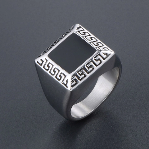 Vintage Men Stainless Steel Signet Ring Square Black Enamel Greek Key Meander Pattern Band Ring Industrial Retro Jewelry Gift